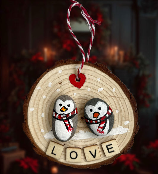 WOODEN HANGING ORNAMENT - "LOVE" Penguins