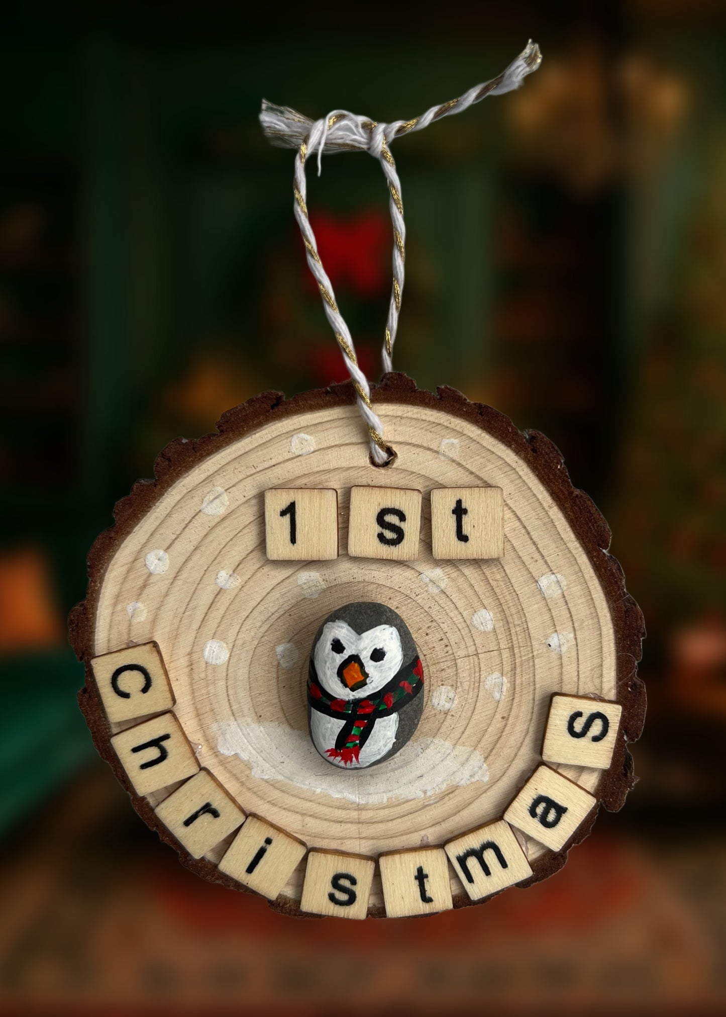 WOODEN HANGING ORNAMENT - "1st Christmas" Penguin