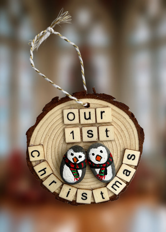 WOODEN HANGING ORNAMENT - "Our 1st Christmas" Couple Penguins