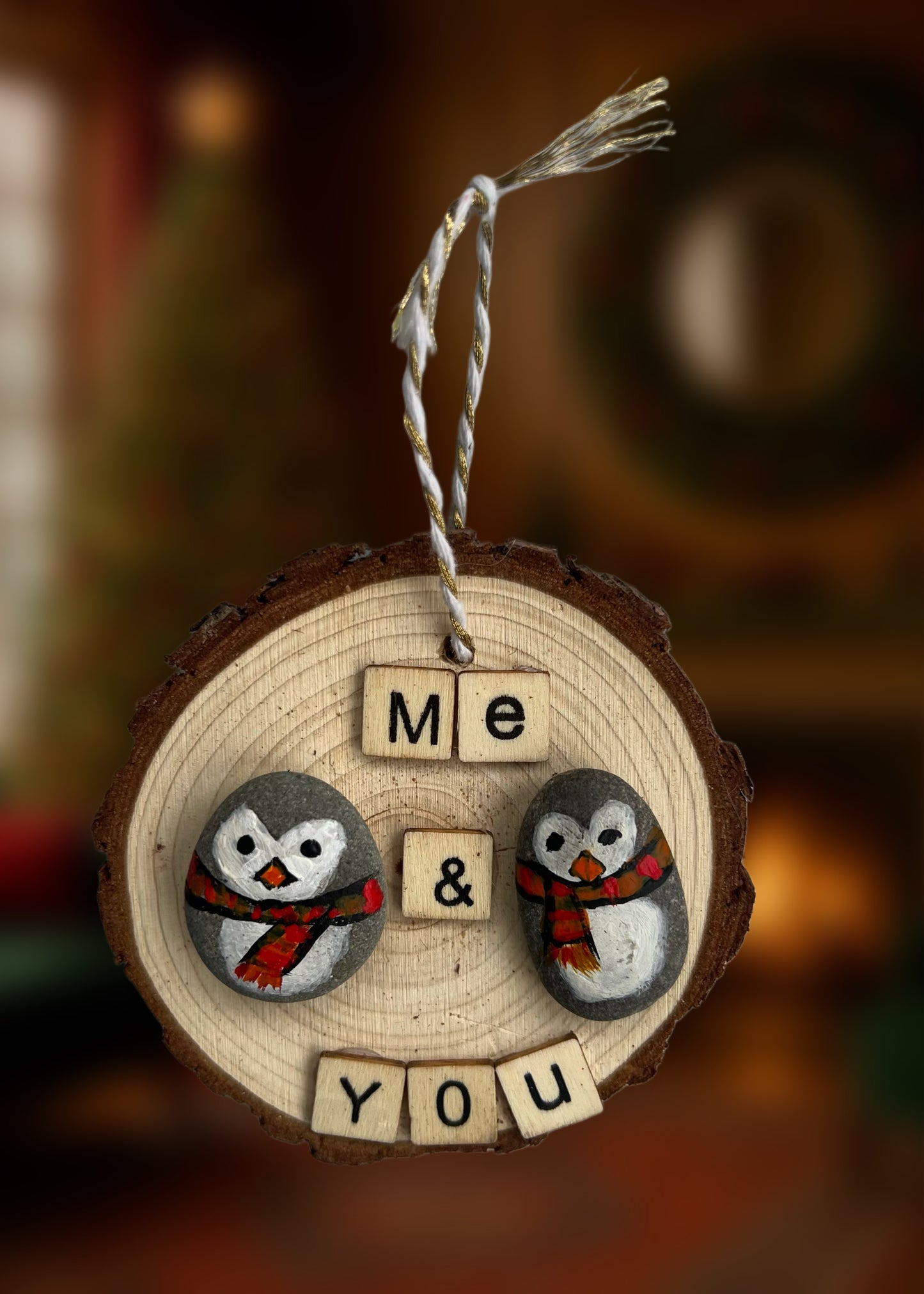 WOODEN HANGING ORNAMENT - "Me & You" 2 Penguins