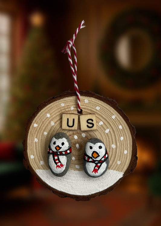 WOODEN HANGING ORNAMENT - "US" Snowy Penguins